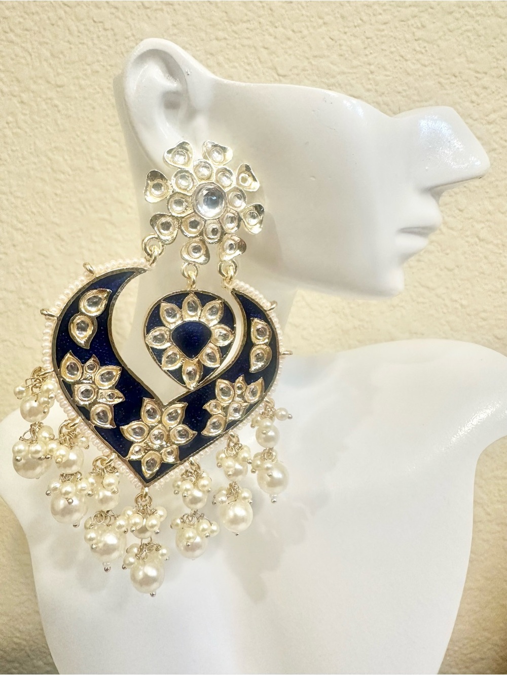 4.25” Gold Plated Navy Enamel Kundan Chandelier Earrings with Pearl Drops